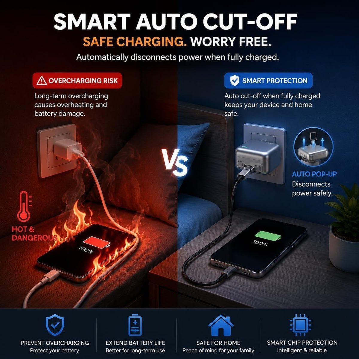 Smart Auto Cut-Off Charging Adapter | Automatic Power Disconnect at 100% Charge | Type-C Fast Charging Safety Device